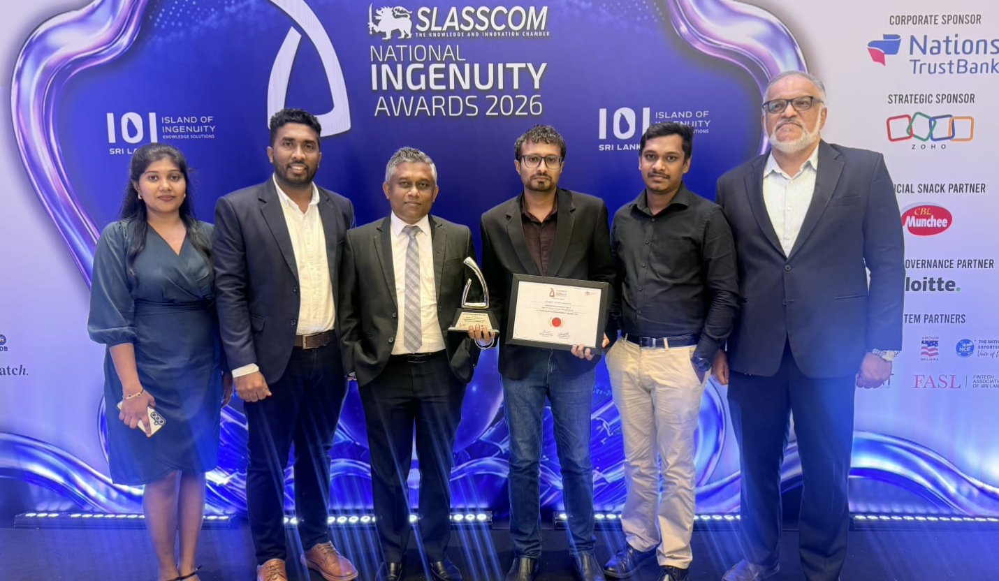 SLT-MOBITEL The Embryo team with the award and certificate received at the SLASSCOM National Ingenuity Awards 2026